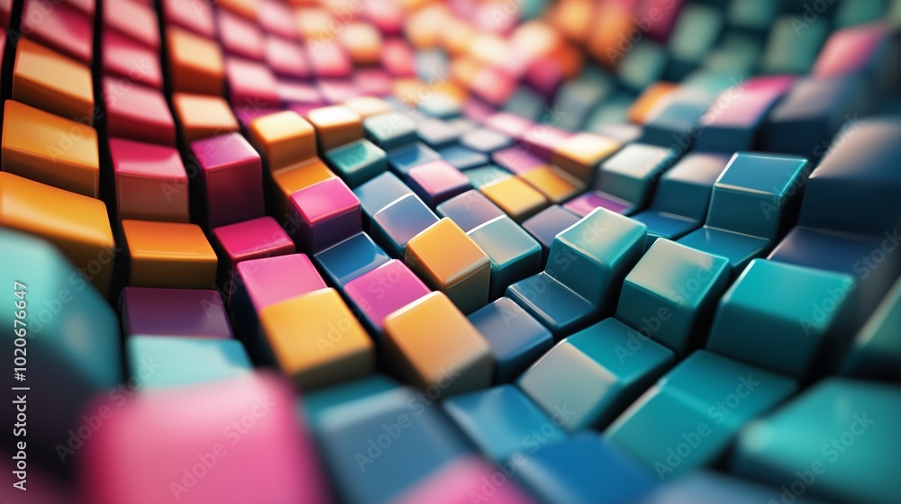 Poster colorful abstract pattern of textured cubes creating a wave effect in a vibrant 3d space