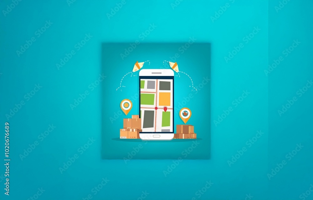 Poster a smartphone displays a map with a pin on it. there are boxes stacked to the left and right of the s
