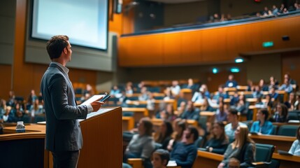 An executive giving a presentation to a captivated audience in a well-lit auditorium, emphasizing leadership and influence