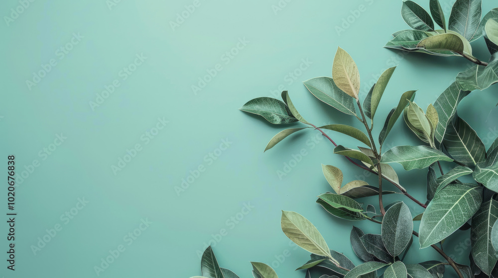 Poster green leaves arranged artistically on a pastel turquoise background create a calming and refreshing 