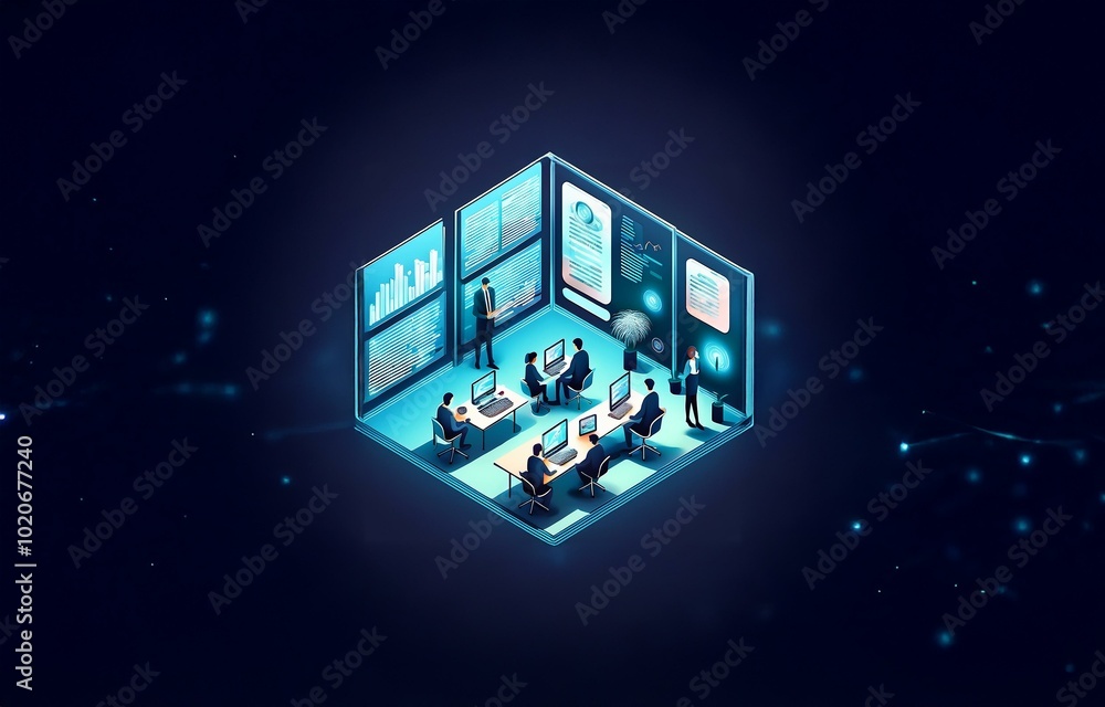 Poster a group of people working together in an office space, focusing on data analysis and visualizations.
