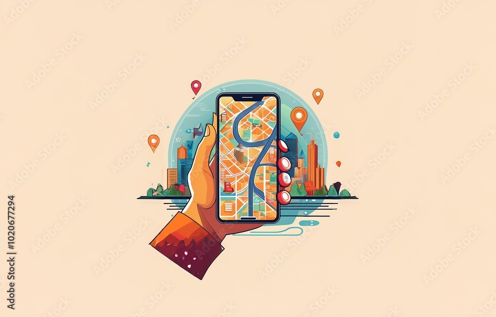 Aufkleber a hand holds a smartphone displaying a map with city skyline in the background and multiple location