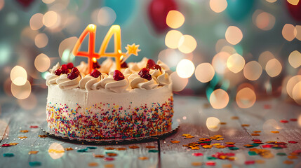 Delightful 44th Birthday Cake with Number 44 on a Colorful Bokeh Background, Festive 44th Birthday Cake Featuring Number 44 Against a Vibrant Bokeh Backdrop, Celebratory Birthday Cake for 44th Year 


