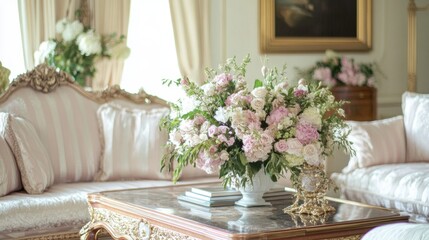 An elegant princess living room featuring an antique coffee table, pastel pink furniture, and a grand floral centerpiece.