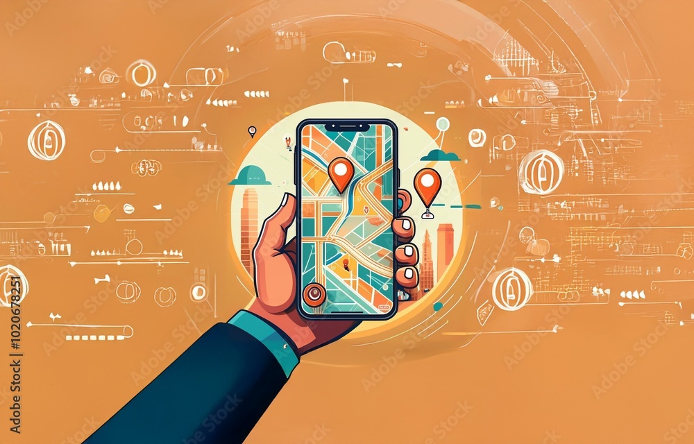 Poster a hand holds a smartphone displaying a map with location pins, set against an orange background with