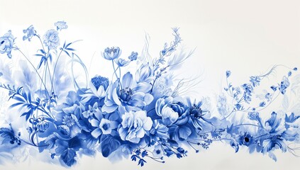 A large bouquet of blue and white porcelain flowers, delicate lines, meticulous painting, hand drawn, ink wash style