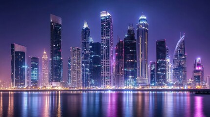Obraz premium Illuminated Skyscrapers Reflecting on Calm Water at Night
