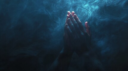 Hands of praying man on dark background. Religion concept. 3D rendering.