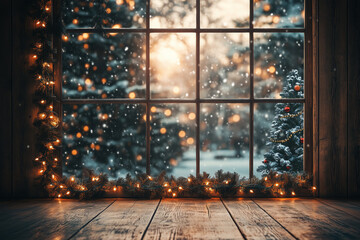 Close-up of a wooden window with a view of a winter forest and Christmas trees