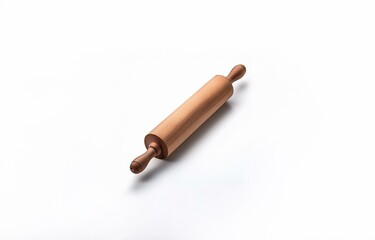 A wooden rolling pin lies on a white background.