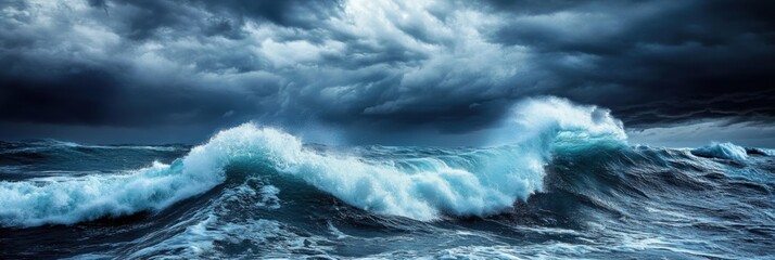 Stormy Ocean Waves, turbulent sea with massive waves, dark clouds overhead, a dramatic clash of water and sky, intense natural energy