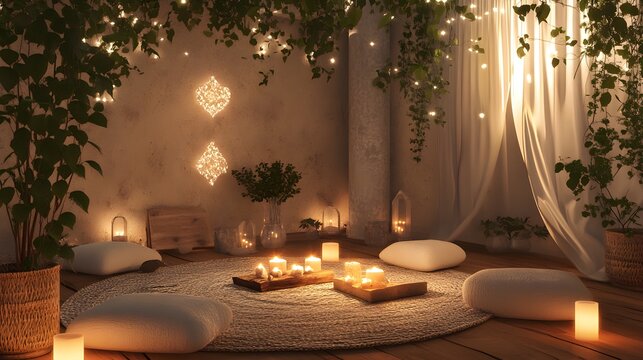 A cozy meditation area adorned with soft fabrics, crystals, and gently lit candles, creating a soothing and restorative space perfect for relaxation, captured in a 3D illustration 