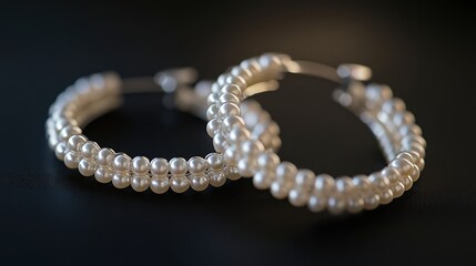 Pearl hoop earrings arranged on a sleek, black background, contrasting with their soft glow.