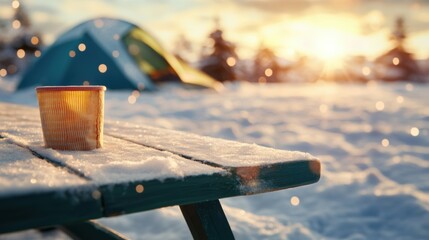 A cup sitting on top of a snow covered picnic table