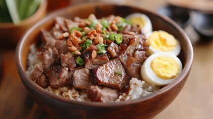 Pork leg rice served in a rustic bowl, topped with succulent pork, fragrant jasmine rice, and perfectly boiled eggs.