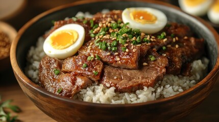 Pork leg rice served in a rustic bowl, topped with succulent pork, fragrant jasmine rice, and perfectly boiled eggs.