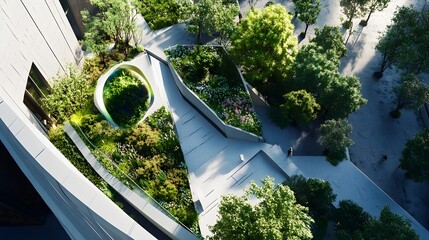 A sleek urban rooftop with interactive digital interfaces for gardening and a mix of real and holographic flowers, providing a sustainable green space that merges technology with nature in an 
