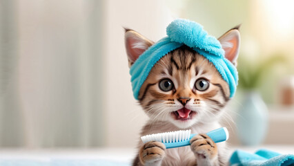 Cat in the bathroom with a comb, cute kitten wants to comb its hair. Funny animal portrait, animal care