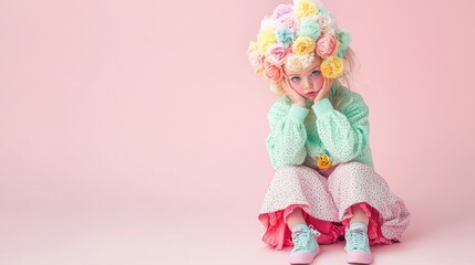 Fototapeta premium A little girl wearing a colorful wig and sitting on a pink surface