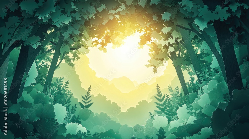 Poster morning sunlight filtering through trees with a layer of green mist below morning sunlight shining t