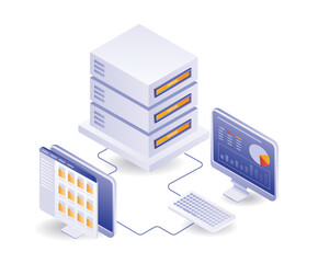 Computer data analysis server technology isometric illustration