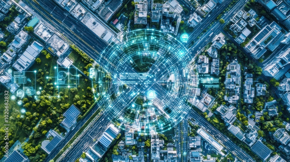 Poster Aerial View of a City Intersection with a Digital Network Overlay