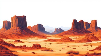 Isolated desert and arid landscape on a white background featuring rugged badlands scenery Desert landscape with rugged badlands on white background