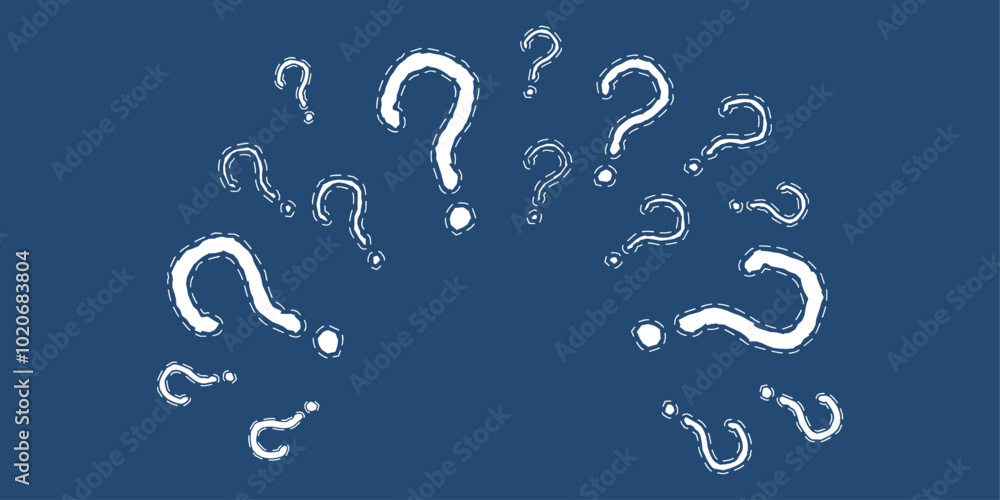 Poster Question marks pointing from the middle. Blue background and question marks flying out from the center.