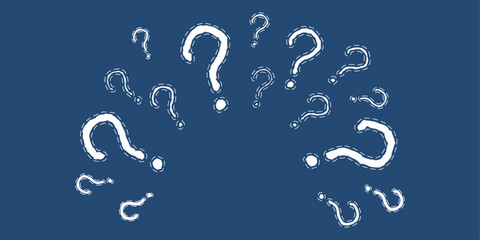 Question marks pointing from the middle. Blue background and question marks flying out from the center.