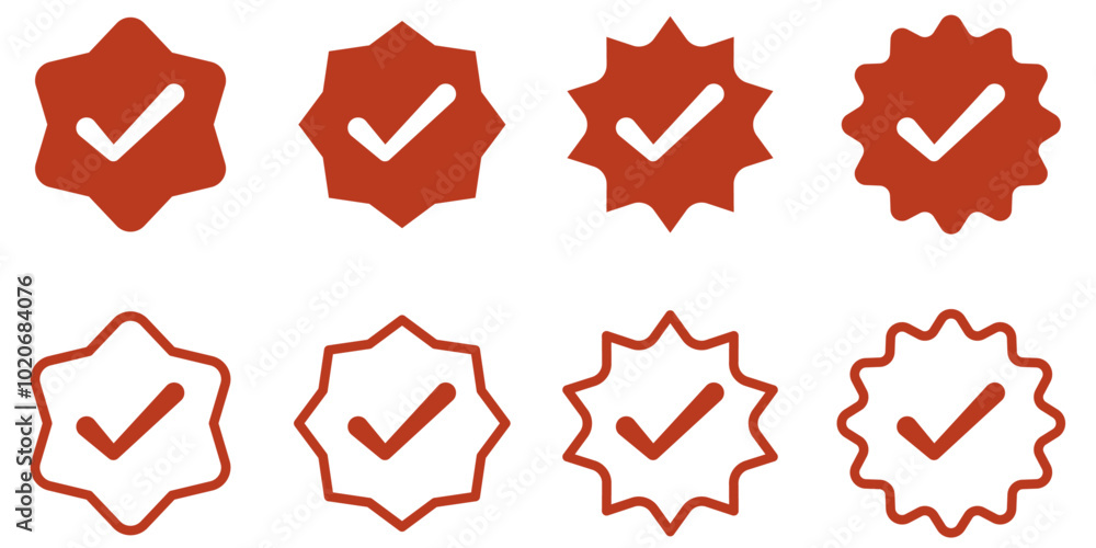 Poster Set of icons with a check mark. Red label icons with 'agree' mark.