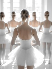 Naklejka premium A graceful ballet dancer in a white tutu, positioned in front of other dancers, creating a serene and artistic scene in a bright studio.