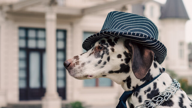 Dalmatian dog in a striped hat and tie against the background of