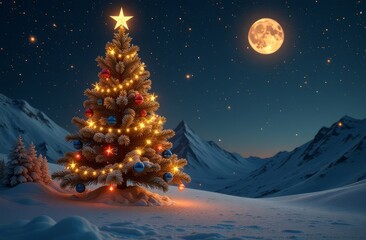 A large elegant Christmas tree with red and blue balloons and a bright garland stands in the middle of snow, mountains, the night sky and the moon in the background.