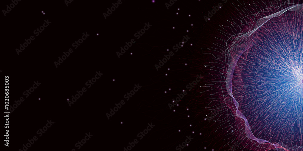 Poster abstract representation of energy waves radiating from a bright core in a dark space setting, captur
