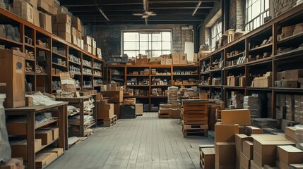 Cluttered warehouse interior with shelves and boxes