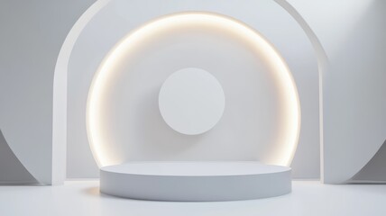 White Circular Podium with Curved Wall and Glowing Ring