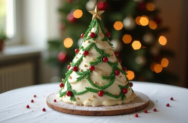 A large cake in the form of a Christmas tree with a star and small decorations stands on a plate against a background of lights.