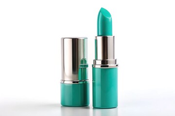 Obraz premium Forced perspective turquoise lipstick flask against clean white background