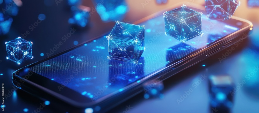 Poster blockchain digital technology. abstract linked 3d blocks on technology blue smartphone