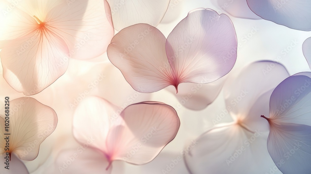 Poster a visually soft and appealing background with transparent flower petals arranged in a harmonious, se