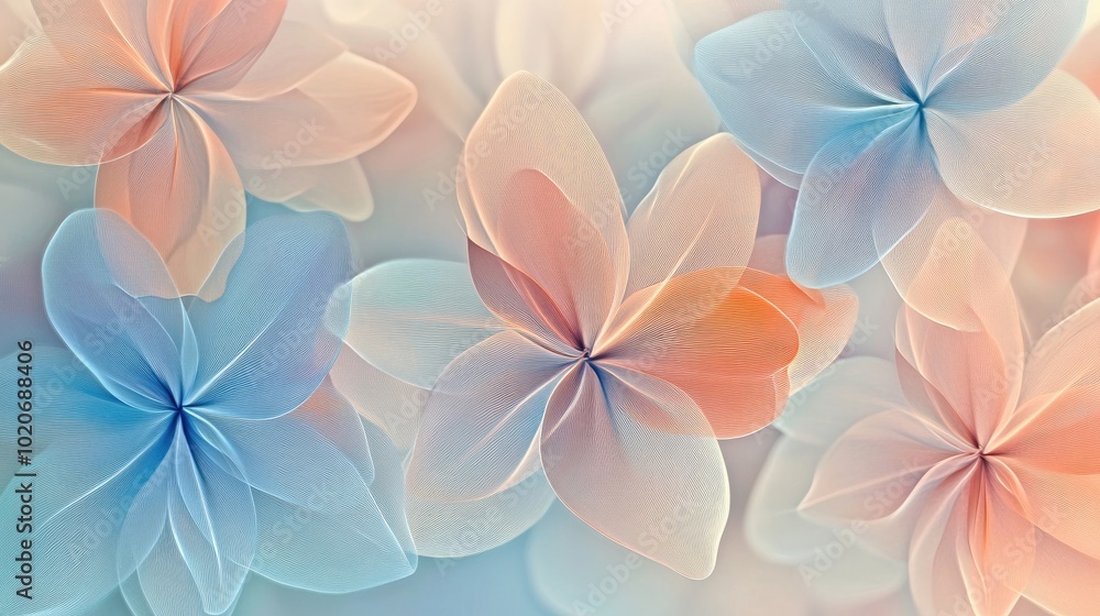 Poster a visually soft and appealing background with transparent flower petals arranged in a harmonious, se