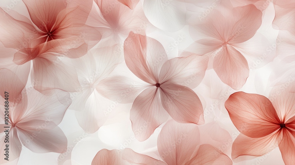 Poster a visually soft and appealing background with transparent flower petals arranged in a harmonious, se