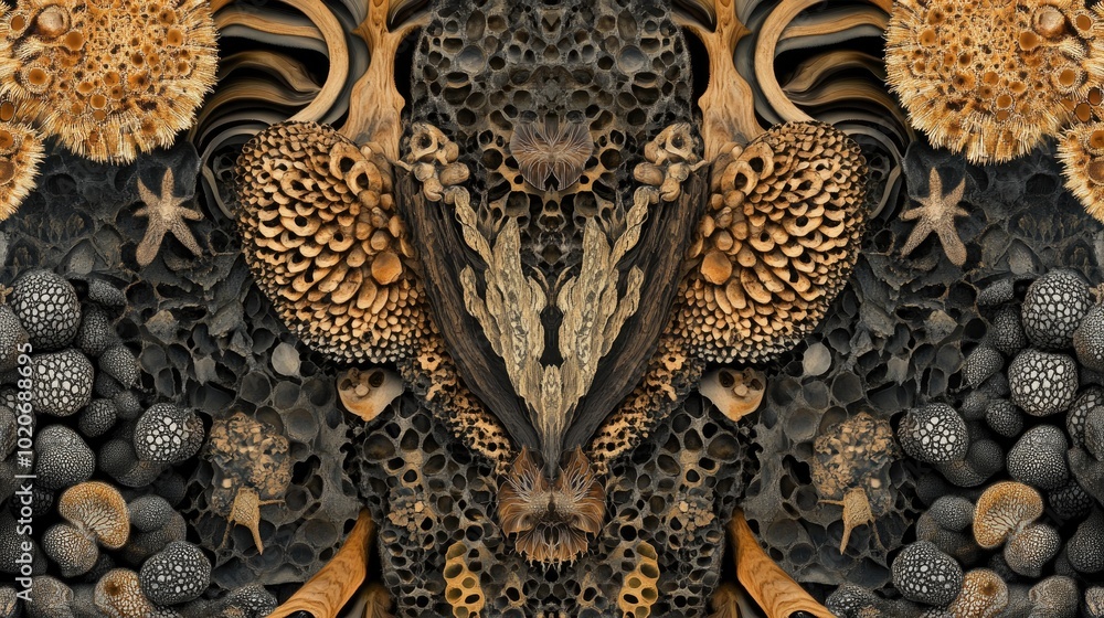 Poster a visually striking background featuring a repetitive pattern of natural elements, forming a captiva