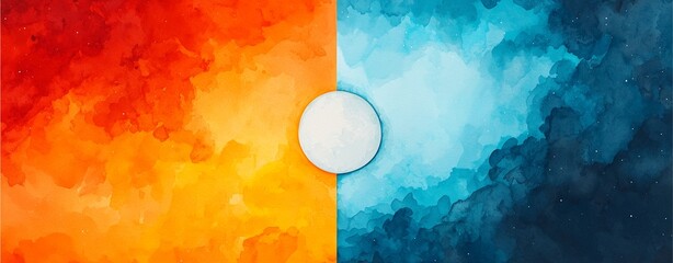 A vibrant artwork contrasting warm orange tones with cool blue shades, centered around a white circle symbolizing balance.