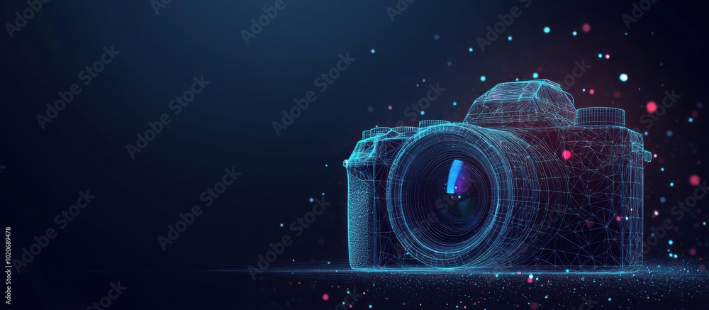 Aufkleber vector image of camera. low poly wire frame illustration. lines and dots. rgb color mode