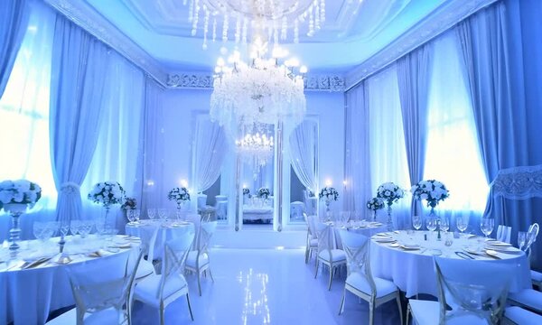 Elegant Wedding Reception Hall Decorated with White Flowers and Blue Lighting
