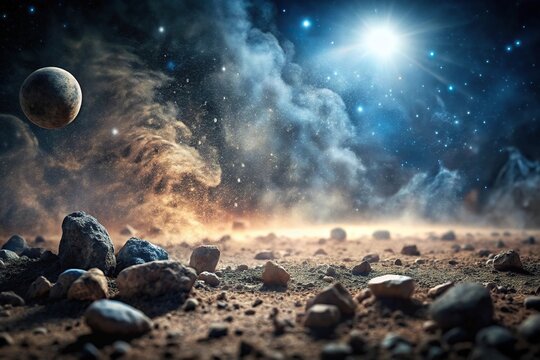 Forced perspective view of dark ashes and rocks on celestial ground background