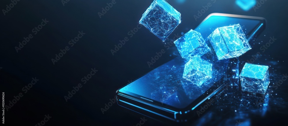 Poster blockchain digital technology. abstract linked 3d blocks on technology blue smartphone