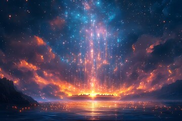 A glowing city rests on the water's edge beneath a breathtaking night sky.