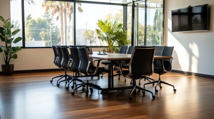modern office meeting room with large windows and tropical plants